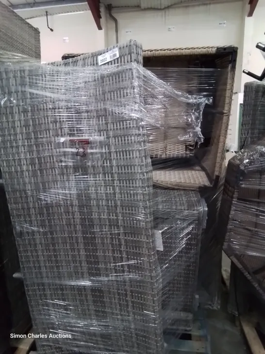 PALLET OF ASSORTED RATTAN GARDEN FURNITURE PARTS INCLUDING HARLOW NEST OF TABLES, WILLOW RATTAN PARTS.