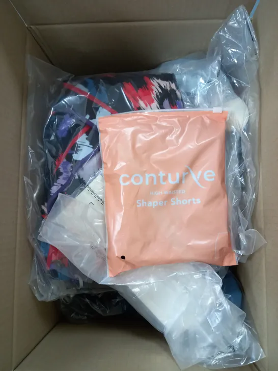 BOX OF APPROXIMATELY 10 CLOTHING ITEMS TO INCLUDE FLUFFY SOCKS, TOPS, SHAPER SHORTS ETC