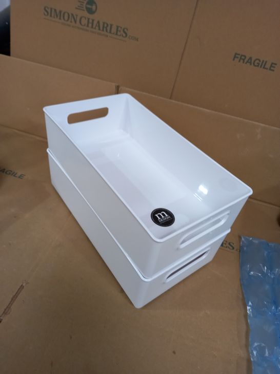 SET OF 2 X LONG WHITE STACKABLE STORAGE BOXES WITH HAND HOLES AT EITHER (LONG) END - 37X19X9