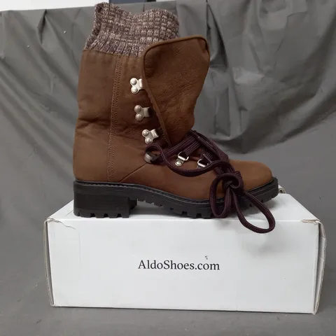 BOXED PAIR OF ALDO MENUDA ANKLE BOOTS IN KHAKI UK SIZE 4