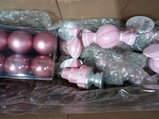 BOX OF ASSORTED FESTIVE CHRISTMAS TREE DECORATIONS IN PINK