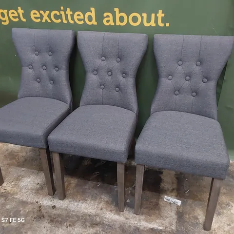 SET OF THREE BUTTONED BACK UPHOLSTERED DINING CHAIRS CHARCOAL FABRIC ON SILVERED LEGS 