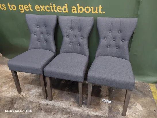 SET OF THREE BUTTONED BACK UPHOLSTERED DINING CHAIRS CHARCOAL FABRIC ON SILVERED LEGS 