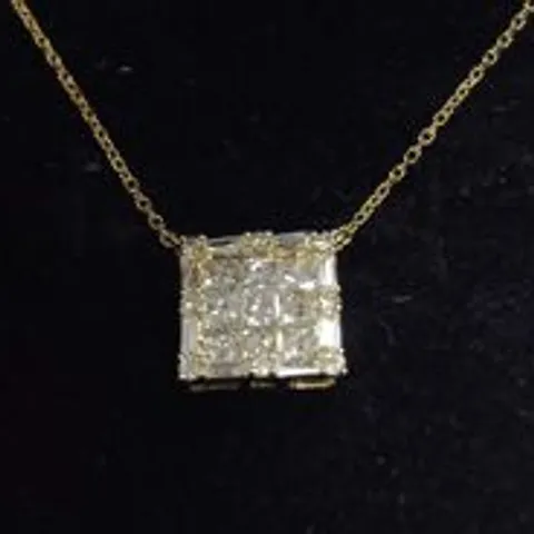 14CT YELLOW GOLD SQUARE PENDANT ON A CHAIN, SET WITH NATURAL PRINCESS CUT DIAMONDS AND BAGUETTES WEIGHING +0.85CT