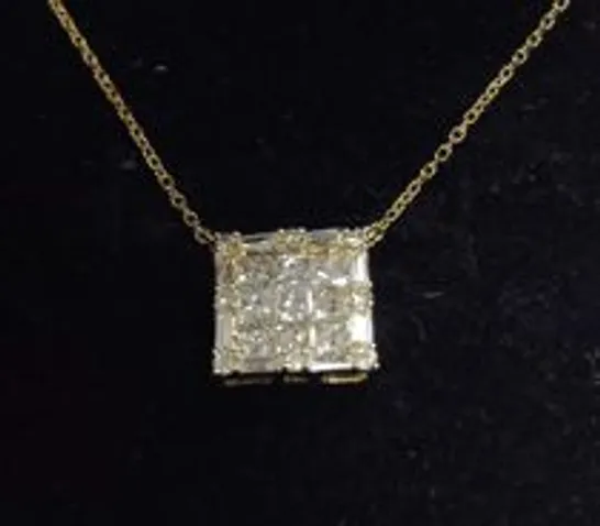 14CT YELLOW GOLD SQUARE PENDANT ON A CHAIN, SET WITH NATURAL PRINCESS CUT DIAMONDS AND BAGUETTES WEIGHING +0.85CT