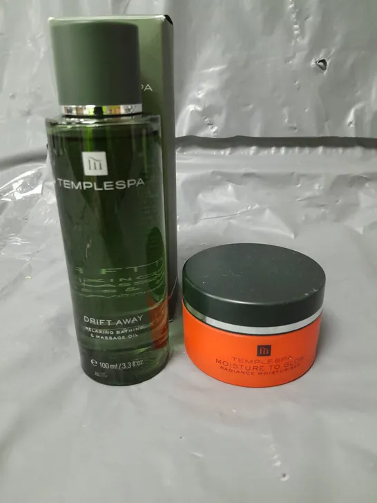 TEMPLESPA DRIFT AWAY BATHING AND MASSAGE OIL 100ML AND MOISTURE TO GLOW RADIANCE MOISTURISER 50ML - COLLECTION ONLY - GLASS BOTTLE