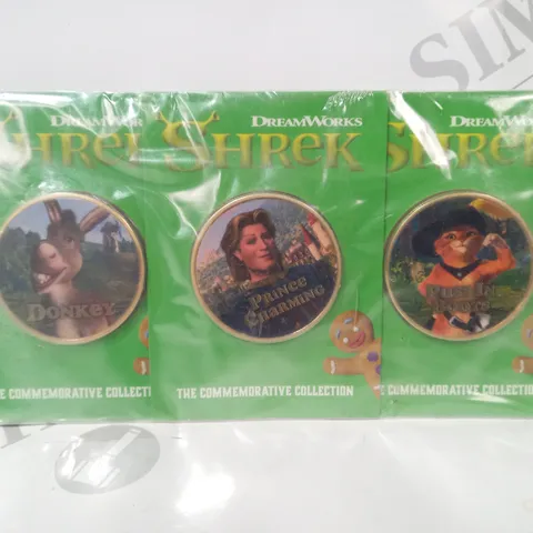 DREAMWORKS SHREK COMMEMORATIVE COLLECTION SET OF 3 COINS TO INCLUDE PUSS IN BOOTS, PRINCE CHARMING, AND DONKEY