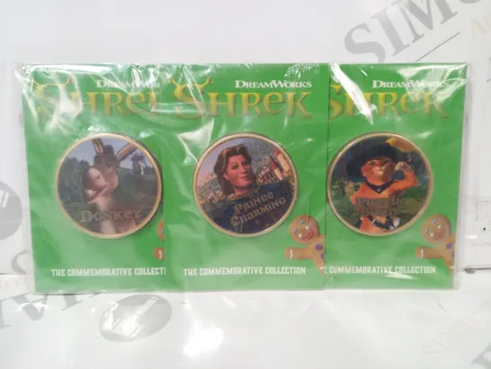 DREAMWORKS SHREK COMMEMORATIVE COLLECTION SET OF 3 COINS TO INCLUDE PUSS IN BOOTS, PRINCE CHARMING, AND DONKEY