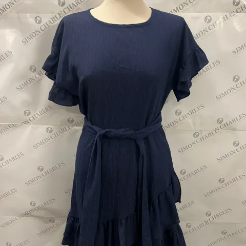 MICHAEL KORS ROUND NECK BELTED FLARED MIDI DRESS IN NAVY SIZE S 