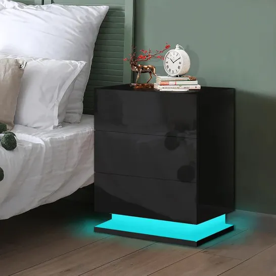 BOXED ELFORDSON BEDSIDE TABLE RGB LED NIGHTSTAND 3 DRAWERS 4 SIDE HIGH GLOSS BLACK