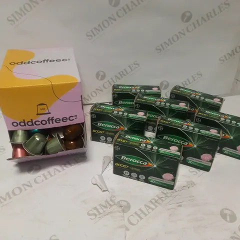 BOX OF ASSORTED FOOD PRODUCTS - INCLUDING ODDCOFFEE COFFEE PODS AND BEROCCA BOOST