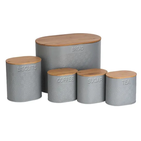 BOXED ELMAS KITCHEN 5 PIECE KITCHEN CANNISTER SET IN GREY