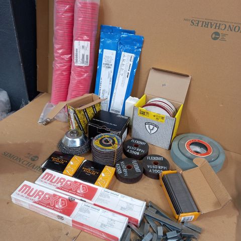 LOT OF APPROX 12 ASSORTED TOOL ITEMS TO INCLUDE WELDING ELECTRODES, RAPID STAPLES, RED AR COIL, ETC