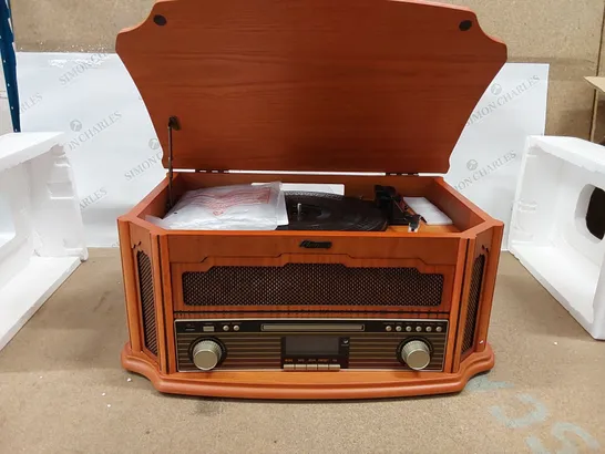 BRAND NEW BOXED SHUMAN VINTAGE 8-IN-1 WIRELESS MUSIC CENTRE WITH REMOTE CONTROL, DAB DIGITAL/FM RADIO, 3-SPEED TURNTABLE, CD/CASSETTE PLAYER, USB PLAYBACK/RECORDING, RCA LINE OUT, REAL WOOD (1 BOX)