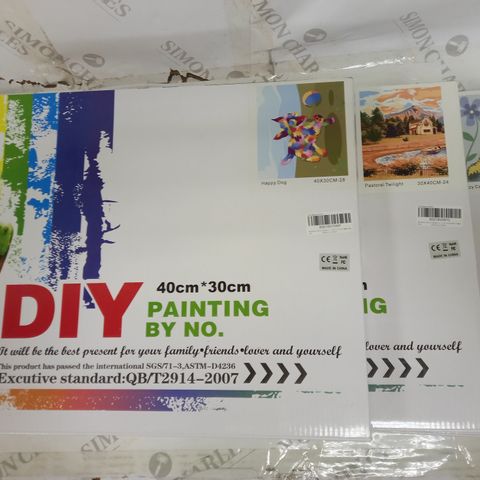 LOT OF APPROXIMATELY 5 ASSORTED DIY PAINTING BY NUMBER KITS TO INCLUDE LAZY CAT, PASTORAL TWILIGHT, & HAPPY DOG