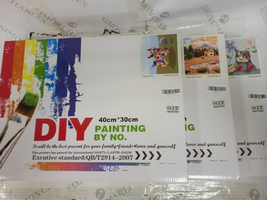 LOT OF APPROXIMATELY 5 ASSORTED DIY PAINTING BY NUMBER KITS TO INCLUDE LAZY CAT, PASTORAL TWILIGHT, & HAPPY DOG