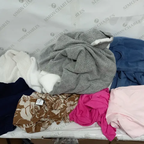 LARGE BOX OF ASSORTED CLOTHING ITEMS TOO INCLUDE TOPS , DRESSES AND BLAZERS COMING IN DIFFERENT COLOURS AND SIZES 