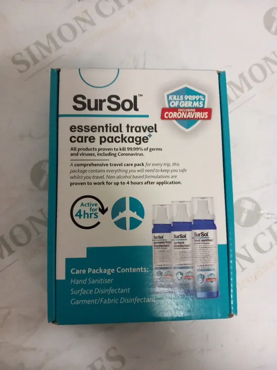 5 BRAND NEW BOXED SUR SOL ESSENTIAL TRAVEL CARE PACKAGES INCLUDING HAND SANITISER, SURFACE DISINFECTANT AND GARMENT/FABRIC DISINFECTANT