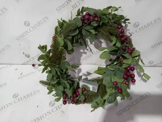 SARA DAVIES PRE-LIT FAUX EUCALYPTUS & BERRY WREATH