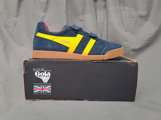 BOXED PAIR OF GOLA HARRIER STRAP SHOES IN NAVY/YELLOW/RED UK SIZE 2