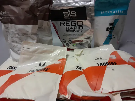 APPROXIMATELY 15 ASSORTED SUPPLEMENT PRODUCTS TO INCLUDE SIS REGO RAPID RECOVERY (500g), MYPROTEIN IMPACT DIET WHEY (250g), MYPROTEIN TAURINE (250g), ETC