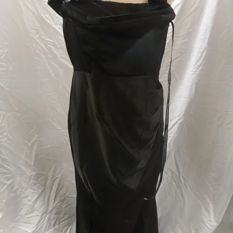 CLUBL KIMBERLY BARDOT FISHTAIL SATIN MAXI DRESS, BLACK - SIZE 10