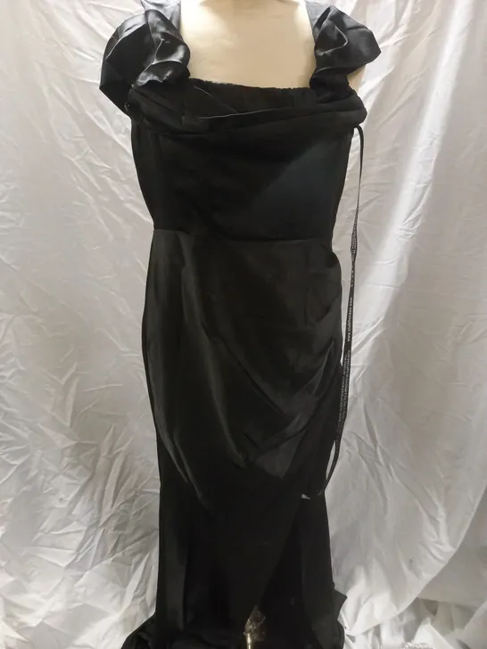 CLUBL KIMBERLY BARDOT FISHTAIL SATIN MAXI DRESS, BLACK - SIZE 10