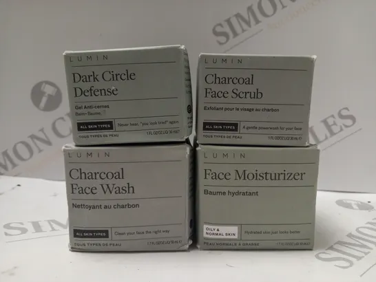 BOX OF 4 ASSORTED LUMIN PRODUCTS TO INCLUDE DARK CIRCLE DEFENSE, CHARCOAL FACE WASH, CHARCOAL FACE SCRUB, FACE MOISTURIZER 