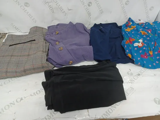 LARGE BOX OF ASSORTED CLOTHING ITEMS TOO INCLUDE TOPS , DRESSES AND TROUSERS COMING IN DIFFERENT COLOURS AND SIZES 