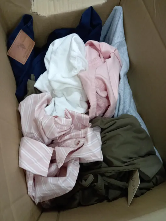 BOX OF APPROXIMATELY 10 CLOTHING ITEMS TO INCLUDE JEANS, TOPS, JUMPERS ETC