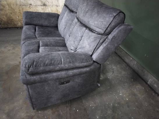 DESIGNER MIDNIGHT BLUE SUEDE FABRIC POWER RECLINING TWO SEATER SOFA WITH BLACK TRIM & CONTRAST STITCHING