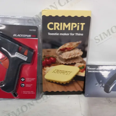 LOT OF APPROXIMATELY 10 ASSORTED HOUSEHOLD ITEMS TO INCLUDE SMART ANTI-SNORING DEVICE, CRIMPIT TOASTIE MAKER FOR THINS, BLACKSPUR 10W GLUE GUN, ETC