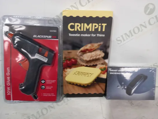 LOT OF APPROXIMATELY 10 ASSORTED HOUSEHOLD ITEMS TO INCLUDE SMART ANTI-SNORING DEVICE, CRIMPIT TOASTIE MAKER FOR THINS, BLACKSPUR 10W GLUE GUN, ETC