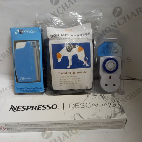 LOT OF APPROXIMATELY 10 ASSORTED HOUSEHOLD ITEMS, TO INCLUDE PROGRAMME TIMER, NESPRESSO DESCALING, DOG MOBILITY HARNESS, ETC