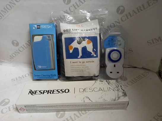 LOT OF APPROXIMATELY 10 ASSORTED HOUSEHOLD ITEMS, TO INCLUDE PROGRAMME TIMER, NESPRESSO DESCALING, DOG MOBILITY HARNESS, ETC