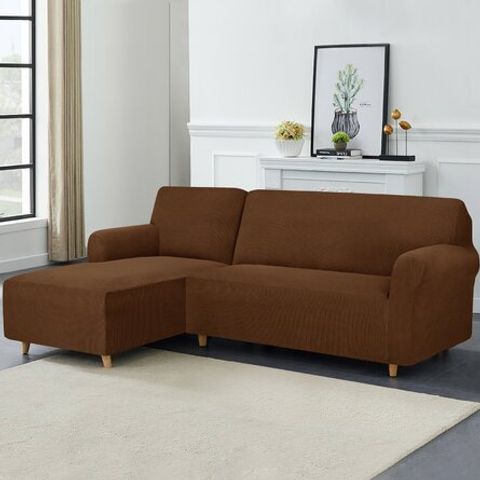 SOFT STRETCHY LEFT CHAISE L-SHAPED BOX CUSHION BROWN SLIPCOVER
