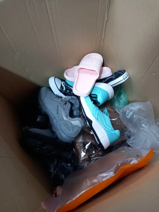 BOX OF APPROXIMATELY 10 PAIRS OF SHOES TO INCLUDE CONVERSE, SLIDERS, GYM SHOES ETC