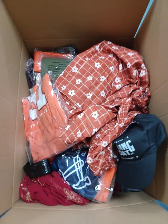 BOX OF ASSORTED CLOTHING ITEMS TO INCLUDE DRESSES, JUMPERS, T-SHIRTS ETC 