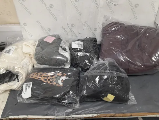 BOX OF APPROXIMATELY 10 ASSORTED BAGGED PIECES OF CLOTHING IN VARIOUS STYLES, SIZES, AND BRANDS 