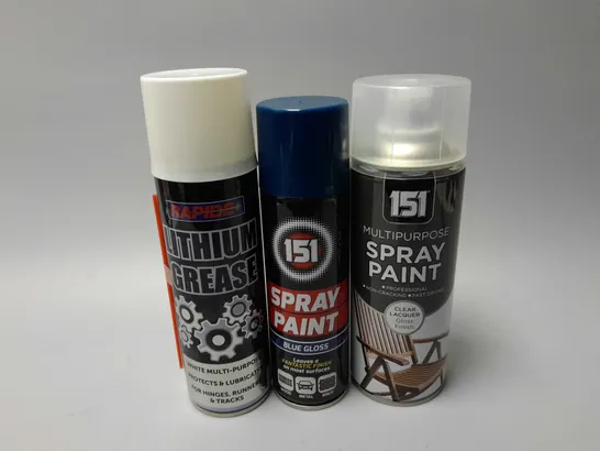 APPROXIMATELY 25 ASSORTED AEROSOL SPRAYS TO INCLUDE 151 MULTIPURPOSE CLEAR SPRAY PAINT, RAPIDE LITHIUM GREASE, 151 SPRAY PAINT IN BLUE GLOSS, ETC - COLLECTION ONLY