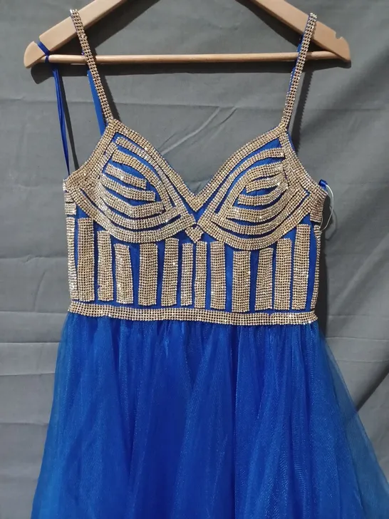 UNBRANDED TIE BACK FAUX CRYSTAL DETAIL RUFFLED MESH BOTTOM DRESS IN BLUE  - SIZE UNSPECIFIED