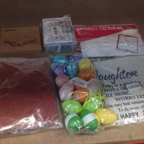 BOX OF ASSORTED HOMEWARE ITEMS SUCH AS CALENDARS, FROSTING TUBES, EASTER DECOR ETC