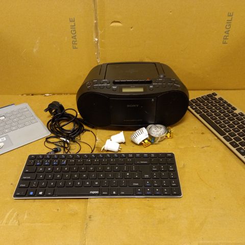 BOX OF APPROX 6 ITEMS TO INCLUDE SONY CD PLAYER, ASUS WIRELESS KEYBOARD, LED BULBS