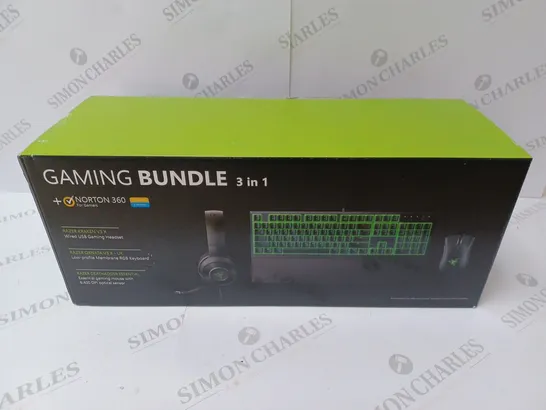 BRAND NEW BOXED RAZER GAMING BUNDLE 3 IN 1 TO INCLUDE - GAMING HEADSET, MEMBRANE RGB KEYBOARD AND ESSENTIAL GAMING MOUSE