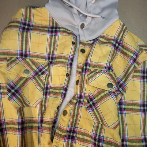 DESIGNER STYLE CHECK HOODED BUTTON UP JACKET IN YELLOW SIZE L