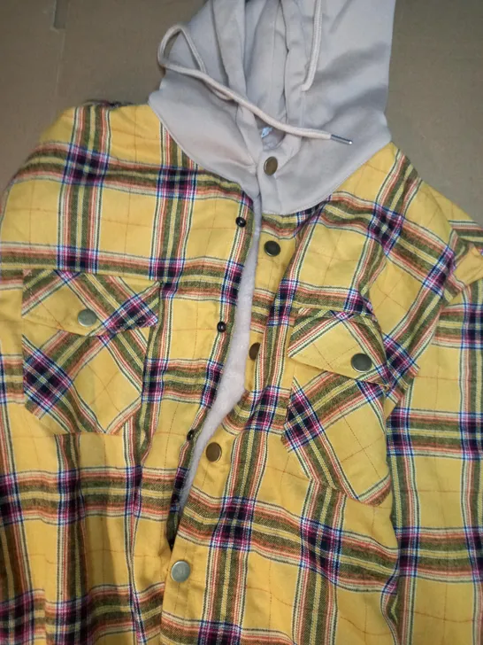 DESIGNER STYLE CHECK HOODED BUTTON UP JACKET IN YELLOW SIZE L