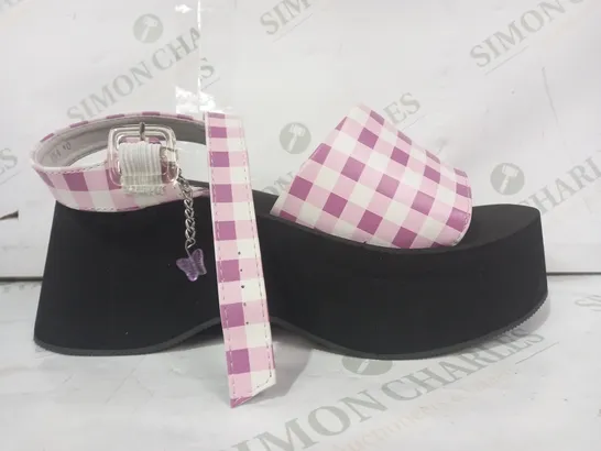 BOXED PAIR OF KOI PLATOFRM OPEN TO SANDALS IN PURPLE CHECK SIZE 10