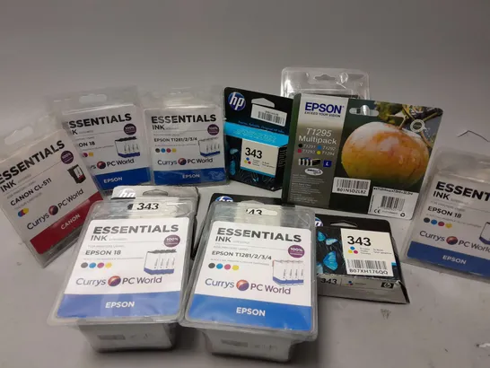 12 ASSORTED PRINTER INKS TO INCLUDE EPSON ESSENTIALS E-18 MULTIPACK, HP 343 TRI-COLOUR, EPSON T1295 MULTIPACK, ETC