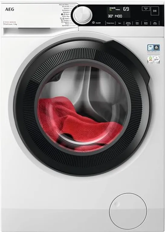 AEG 7000 SERIES WASHING MACHINE LFR73944B, PROSTEAM FREESTANDING WASHING MACHINE USING 96% LESS WATER, 9KG LOAD, 1400RPM SPIN, ENERGY CLASS A, WHITE