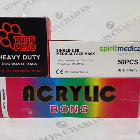 BOX OF APPROXIMATELY 20 ASSORTED HOUSEHOLD ITEMS TO INCLUDE ACRYLIC BONG, SINGLE-USE MEDICAL FACE MASKS, TUFF PETS HEAVY DUTY DOG WASTE BAGS, ETC